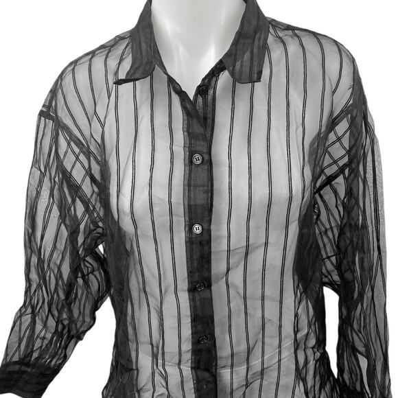 DR2 Women's Black Striped Long Sleeve Button Down Sheer Tunic Blouse Shirt Top M - Picture 3 of 5